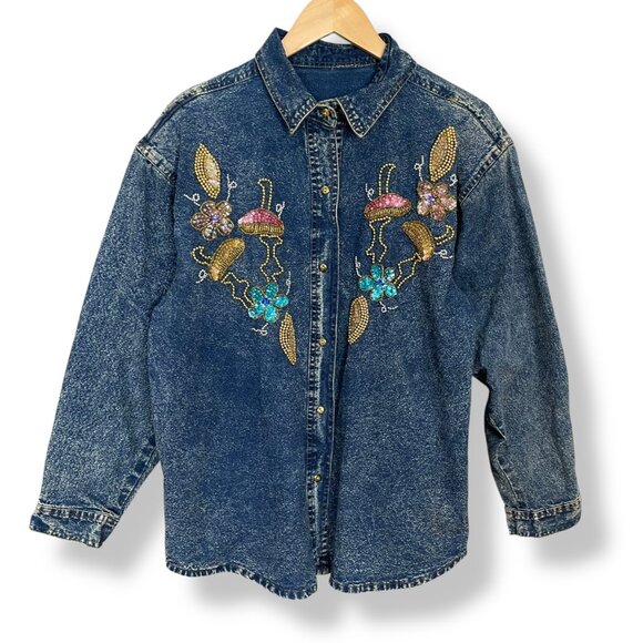Vintage 80s Acid Wash Denim Shirt Sequins Embellished Women Floral Blue Funky - Picture 1 of 14
